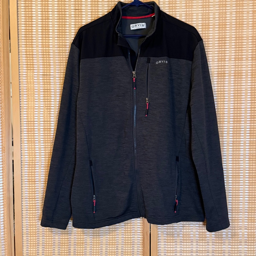 Orvis Mens Full Zip Fleece Jacket Gray Black Mixed Media Performance Large